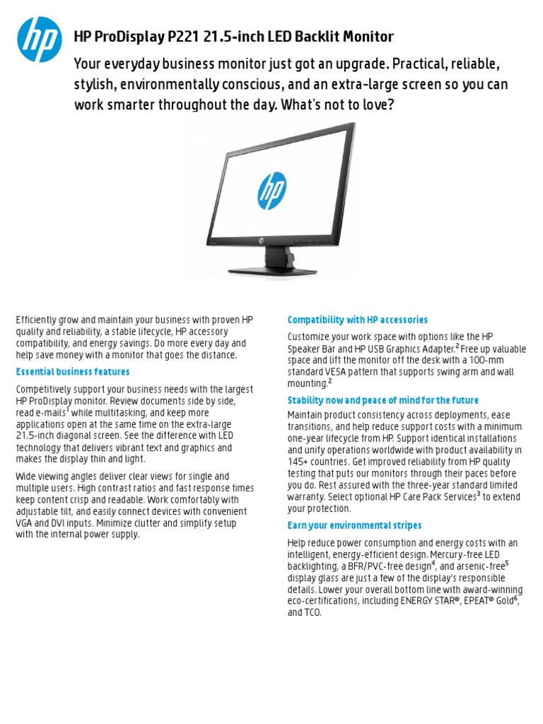 HP ProDisplay P221 Datasheet | PDF | Computer Monitor | Display Resolution