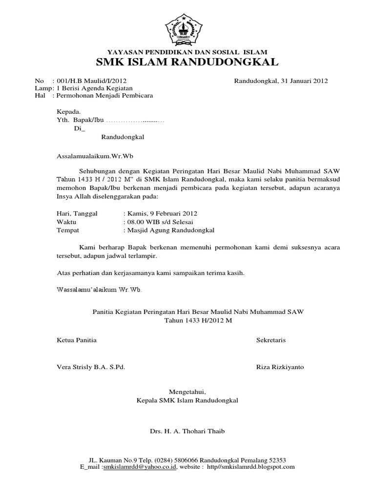 Contoh Surat Permohonan Menjadi Pembicara