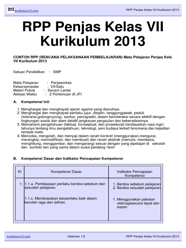 RPP Penjas Kelas 7 Kurikulum 2013 | PDF | Pengembangan Diri