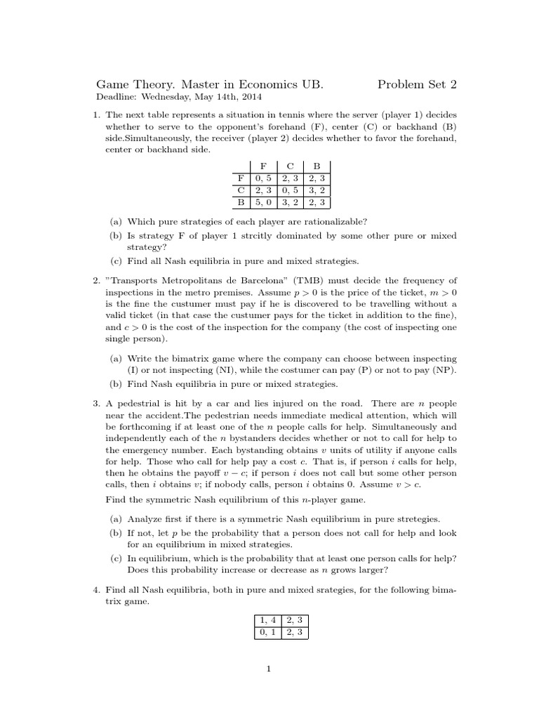 Problem Set 2 Game Theory Economic Methodology