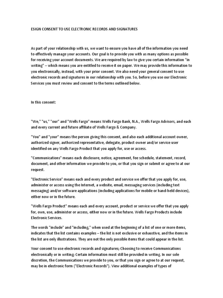 Consent to Use Electronic Records and Signatures Wells Fargo Email