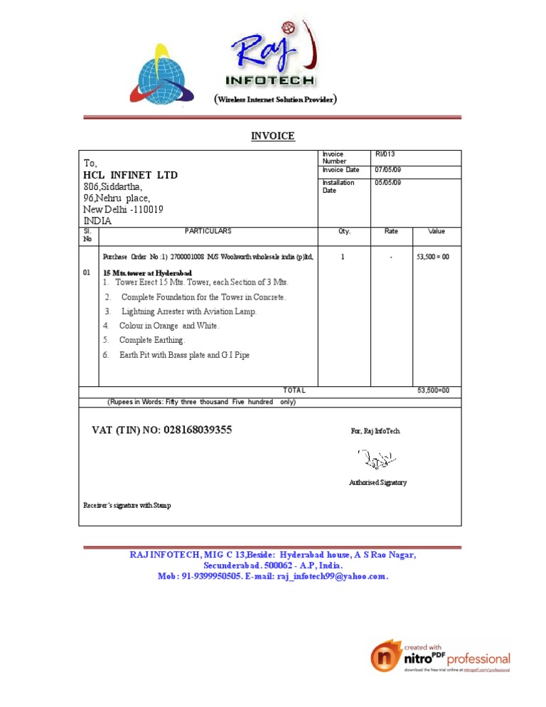 HCL Infinet Invoice for Tower Installation | PDF