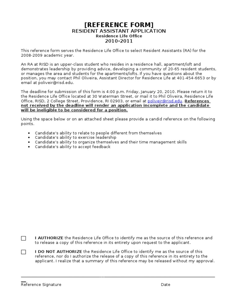 Resident Assistant Reference Form | PDF | Finance & Money Management