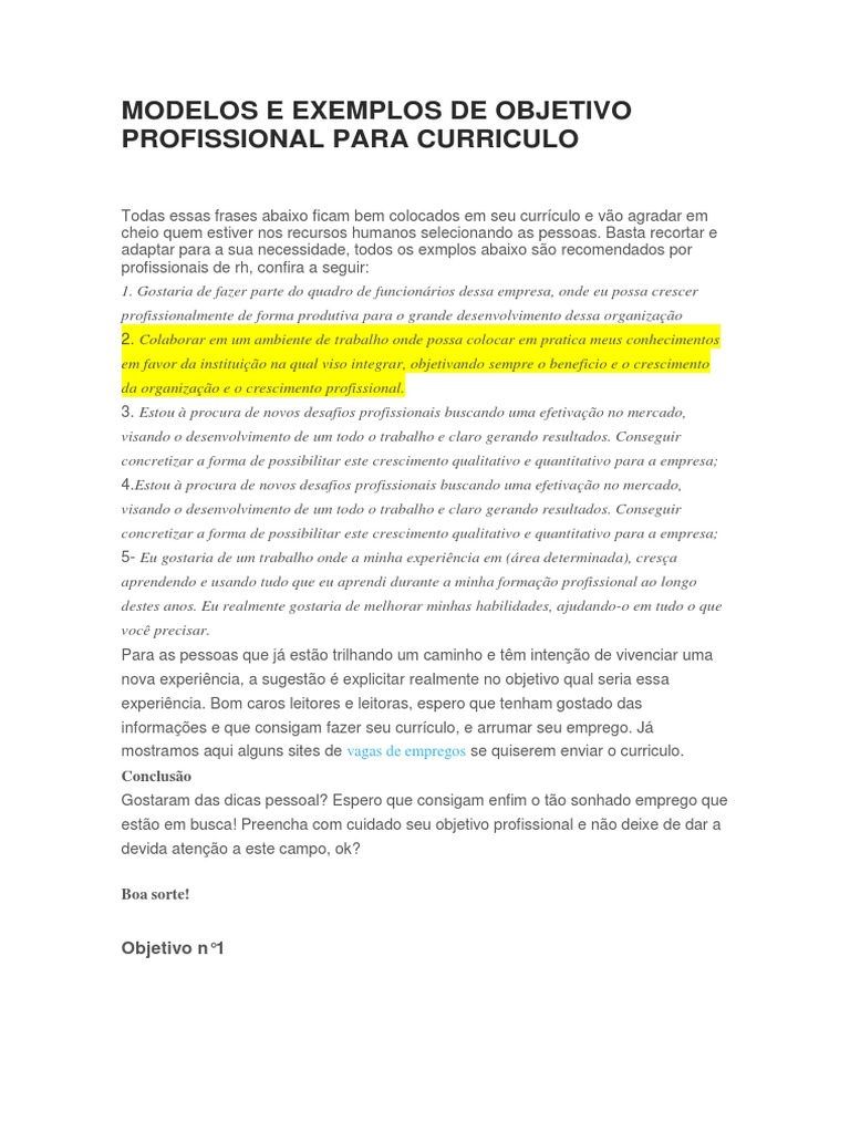 Modelos e Exemplos de Objetivo Profissional para Curriculo | PDF ...