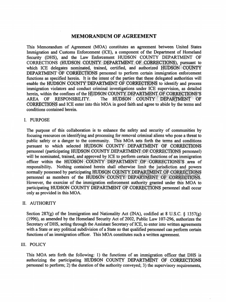 Hudson County DOC (New Jersey) - NEW ICE 287 (G) MOA (10/15/09) | PDF ...