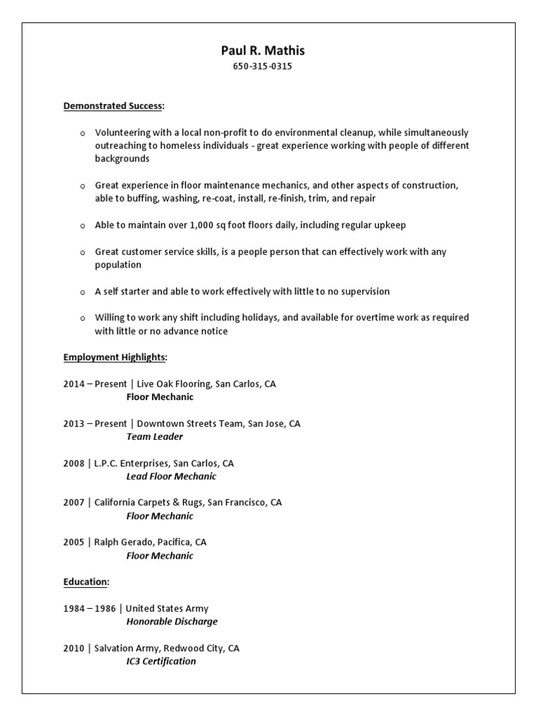 Floor Mechanic with Volunteer Experience | PDF