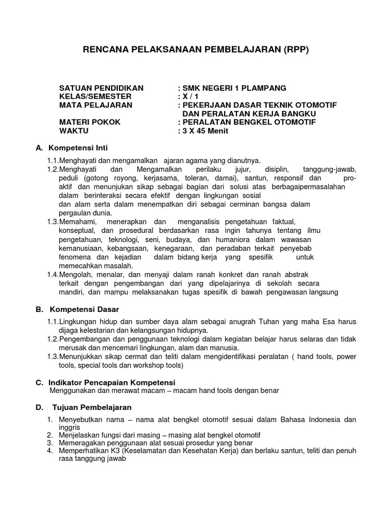 Rpp Pekerjaan Dasar Otomotif