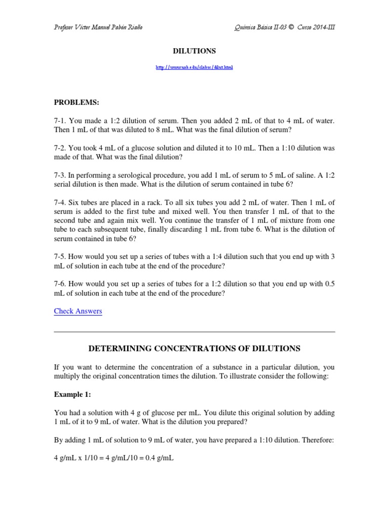 Dilutions Problems PDF Concentration Solution
