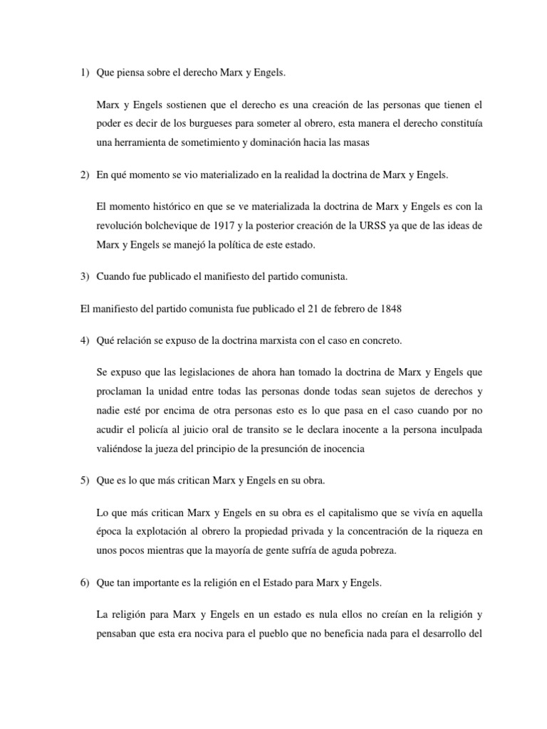 Cuestionario Sobre Marx y Engels | PDF | Karl Marx | Friedrich Engels