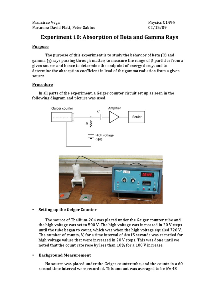 Experiment 10: Absorption of Beta and Gamma Rays: Purpose | PDF | Gamma ...