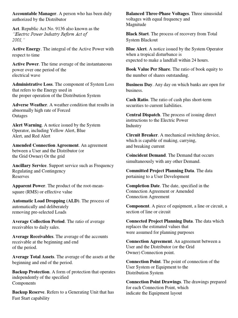 Definition of Terms PDF Electrical Grid Electric Power Transmission