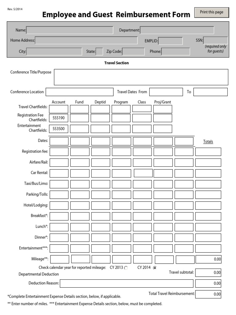 General Reimbursement Form PDF Social Security Number Expense