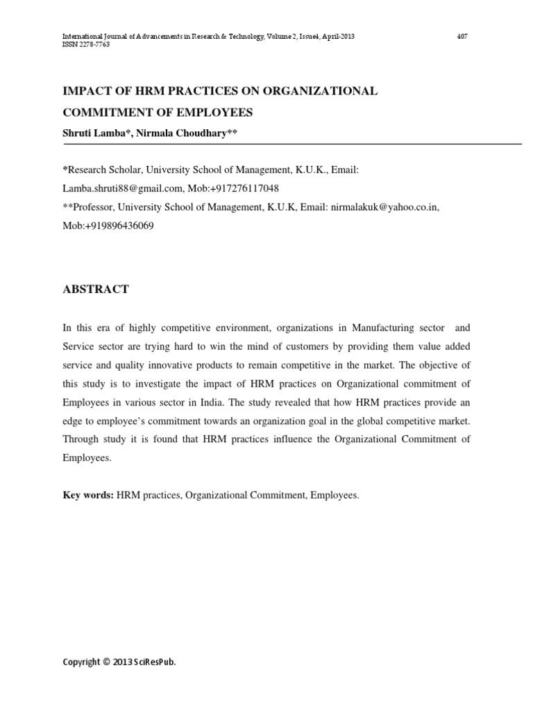 Impact of HRM Practices On Organizational Commitment of Employees | PDF ...