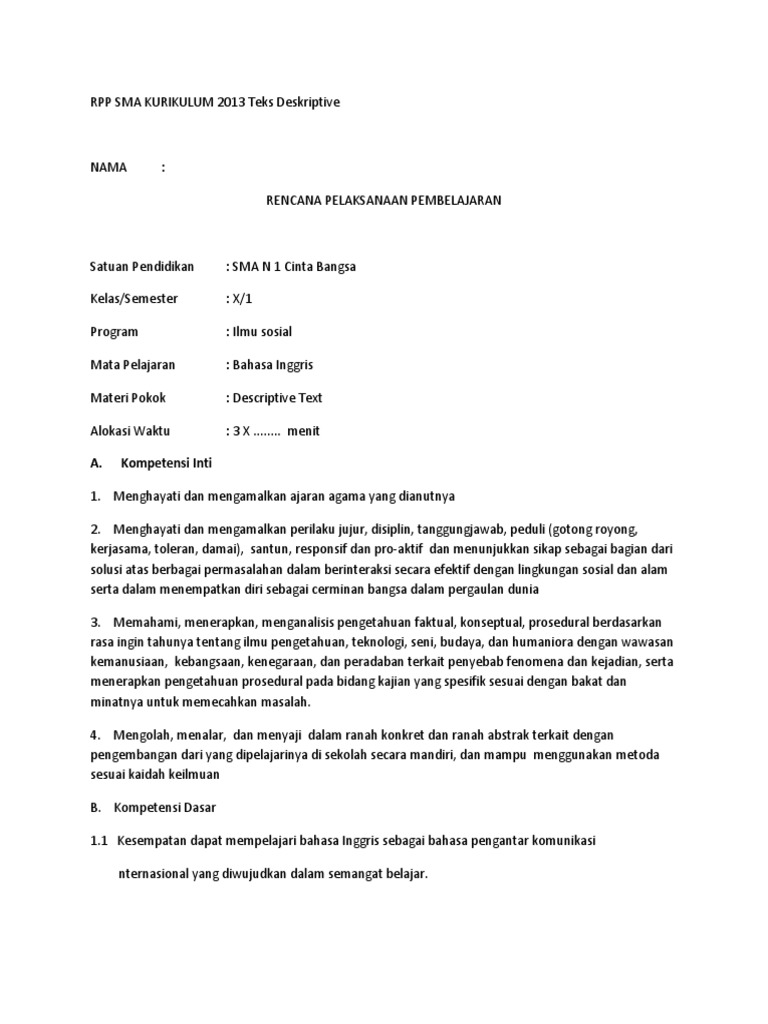 Rpp Sma Kurikulum 2013 Teks Deskriptive