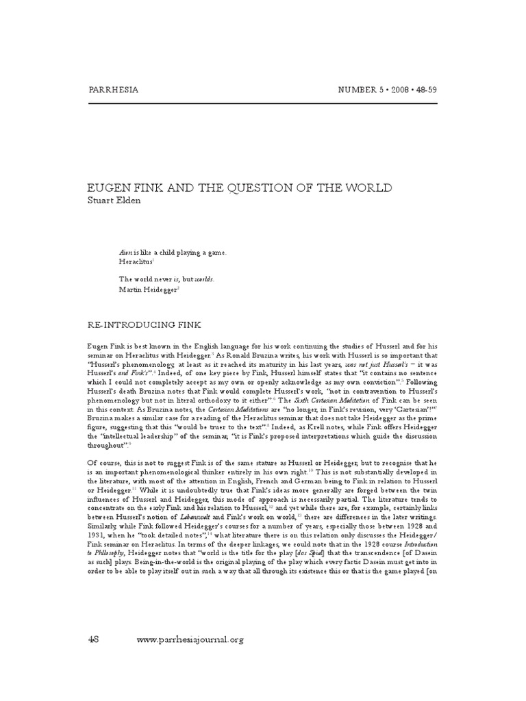 Eugen Fink and The Question of The World PDF Martin Heidegger Edmund Husserl