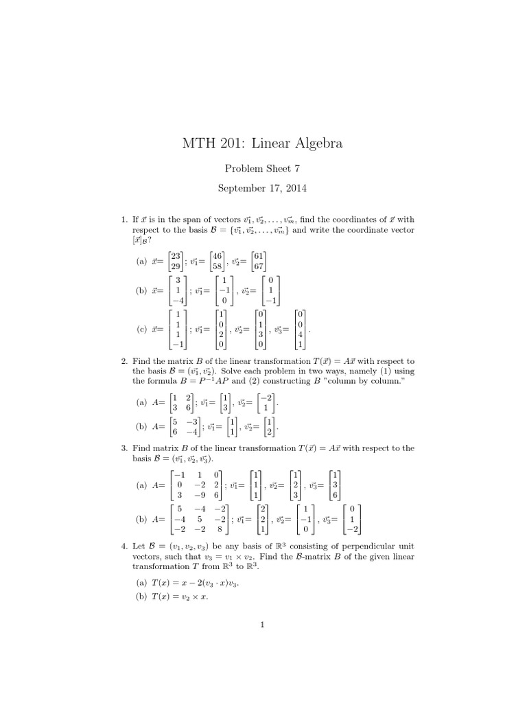 MTH 201: Linear Algebra: Problem Sheet 7 September 17, 2014 | PDF