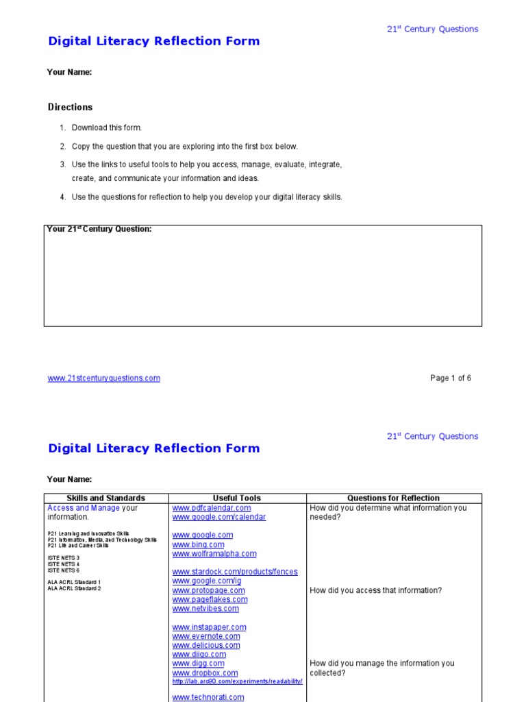 21CQ Digital Literacy Reflection Form PDF Science And Technology