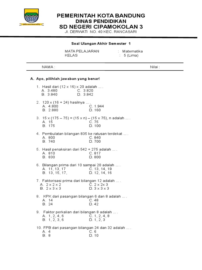 Soal UAS Matematika Kelas 5 Semester 1