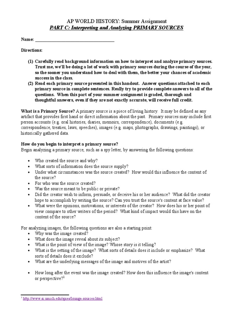 PART C Interpreting and Analyzing PRIMARY SOURCES AP WORLD HISTORY