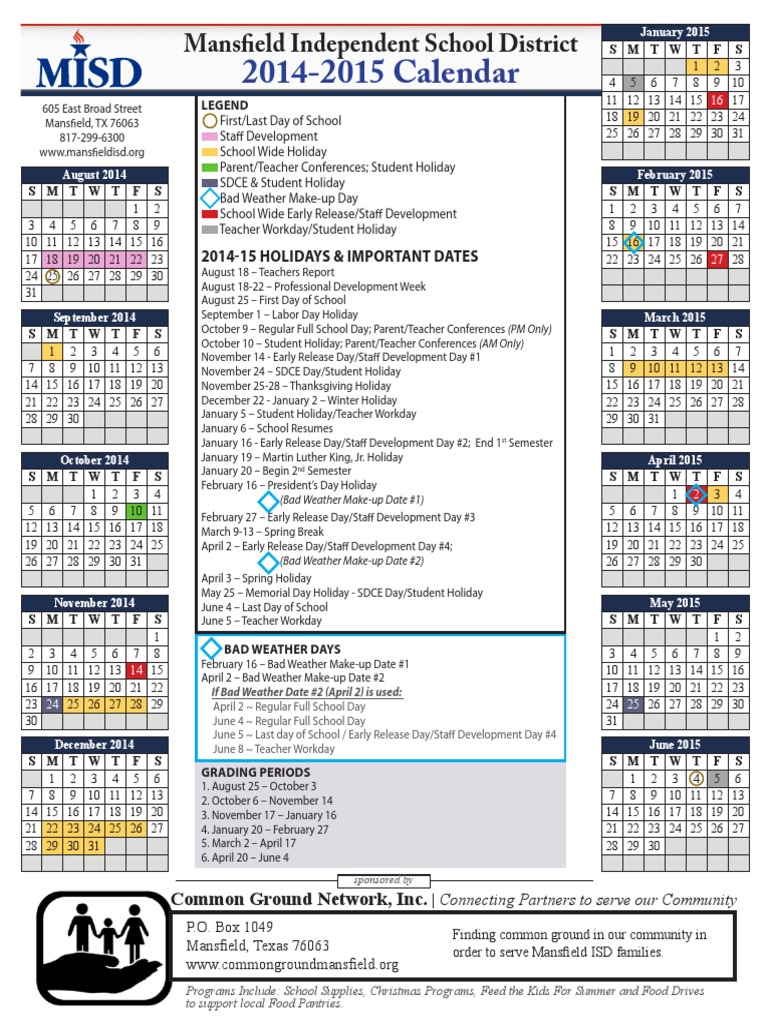 2014-2015 Calendar: Mansfield Independent School District | PDF | Academic  Term | Holidays