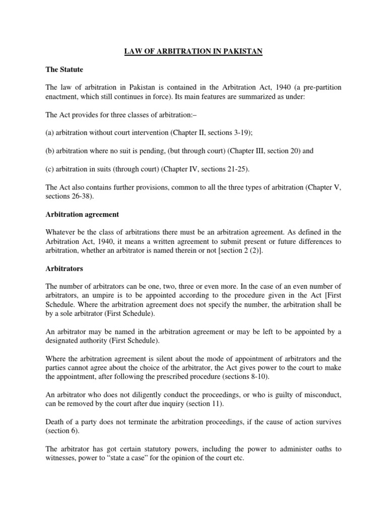 Arbitration Act 1940: Key Provisions in Pakistan | PDF | Arbitral ...