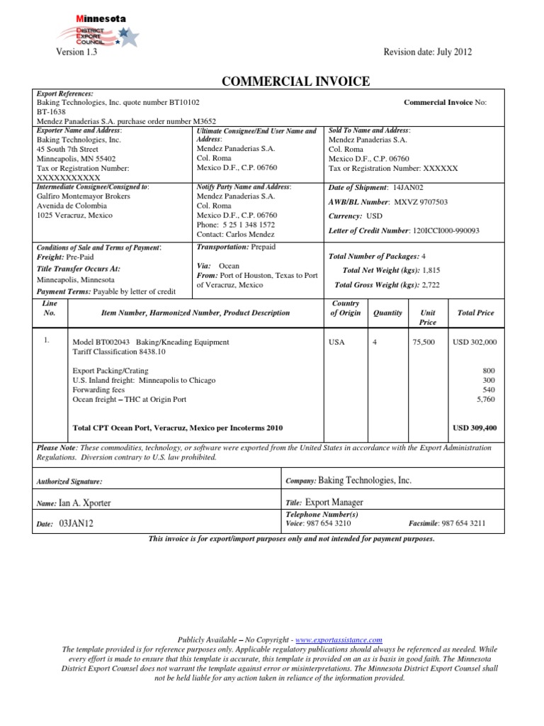 Commercial Invoice Sample 2012 | PDF | Cargo | Exports