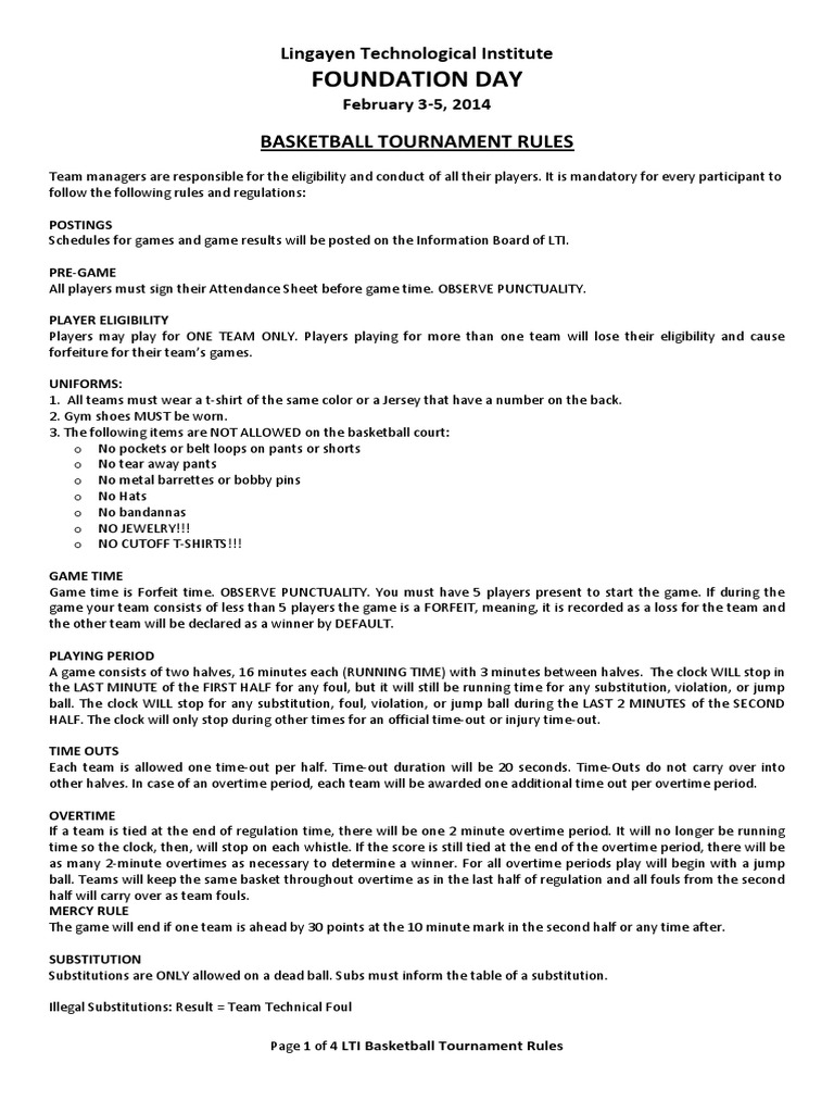 Foundation Day Basketball Tournament Rules PDF Athletic Sports