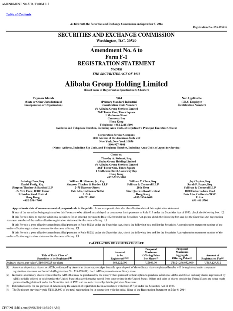 Alibaba S 1 Registration American Depositary Receipt Stocks