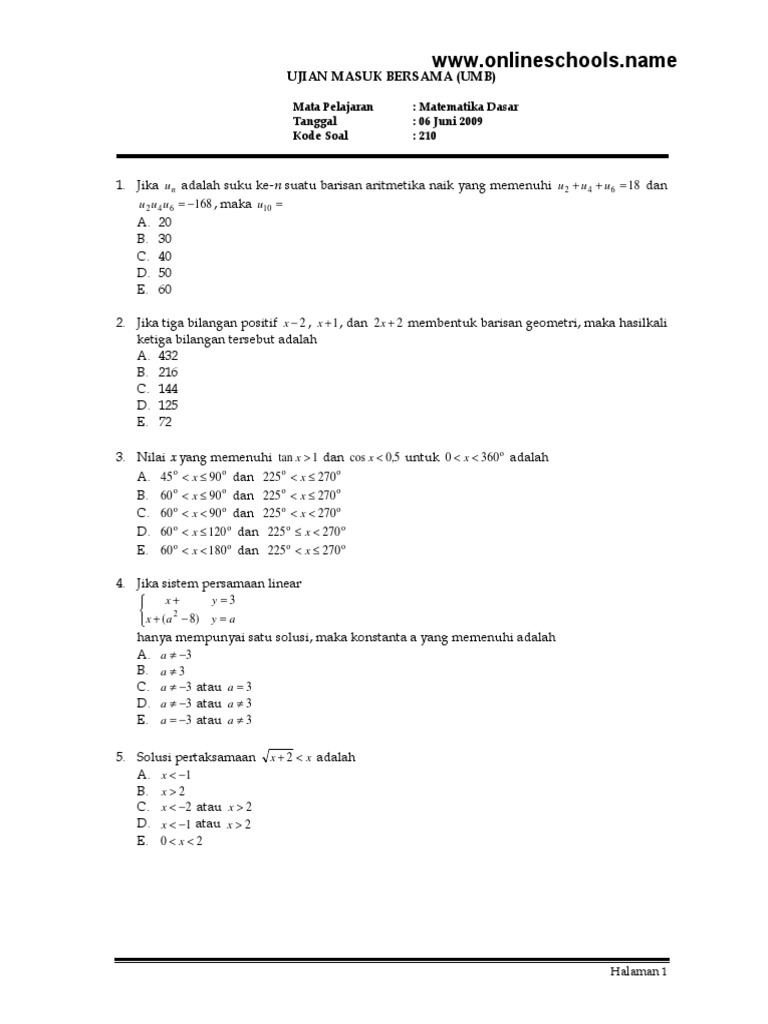 Soal Umb Matematika Dasar 2009 210 Pdf
