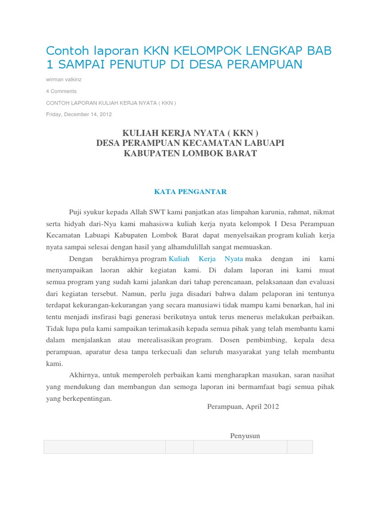 Contoh Laporan Kkn Kelompok Lengkap Bab 1 Sampai Penutup Di Desa Perampuan Pdf