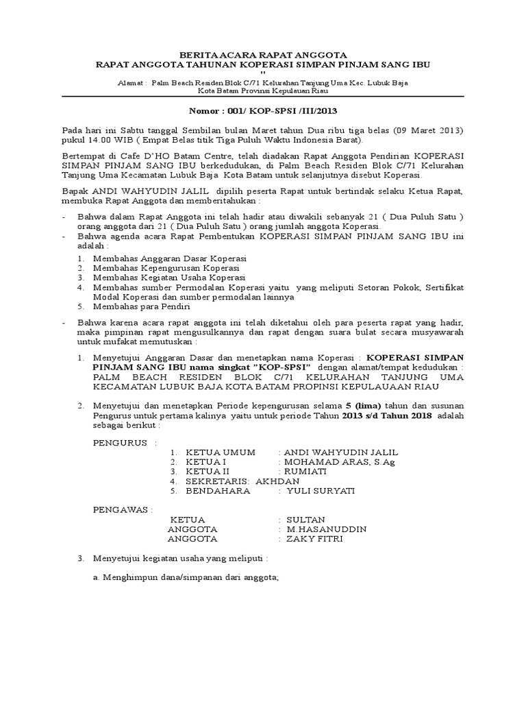 1 Contoh Berita Acara Rapat Pembentukan