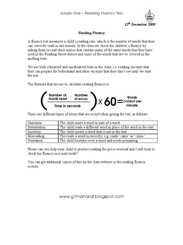 Grade One Reading Fluency Test Guide | PDF
