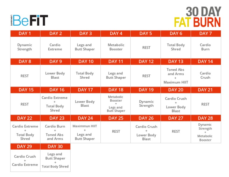 6 Day Befit In 90 Workout Calendar for Push Pull Legs