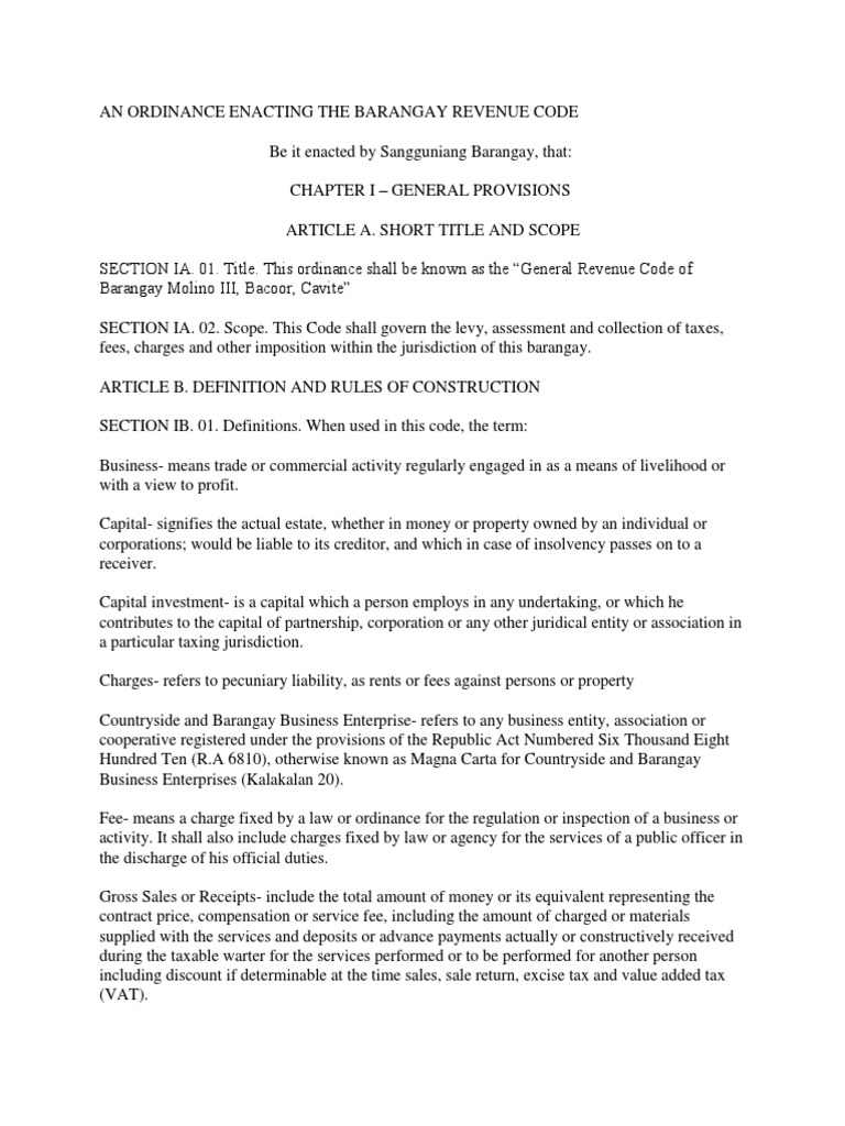 An Ordinance Enacting The Barangay Revenue Code PDF Value Added Tax