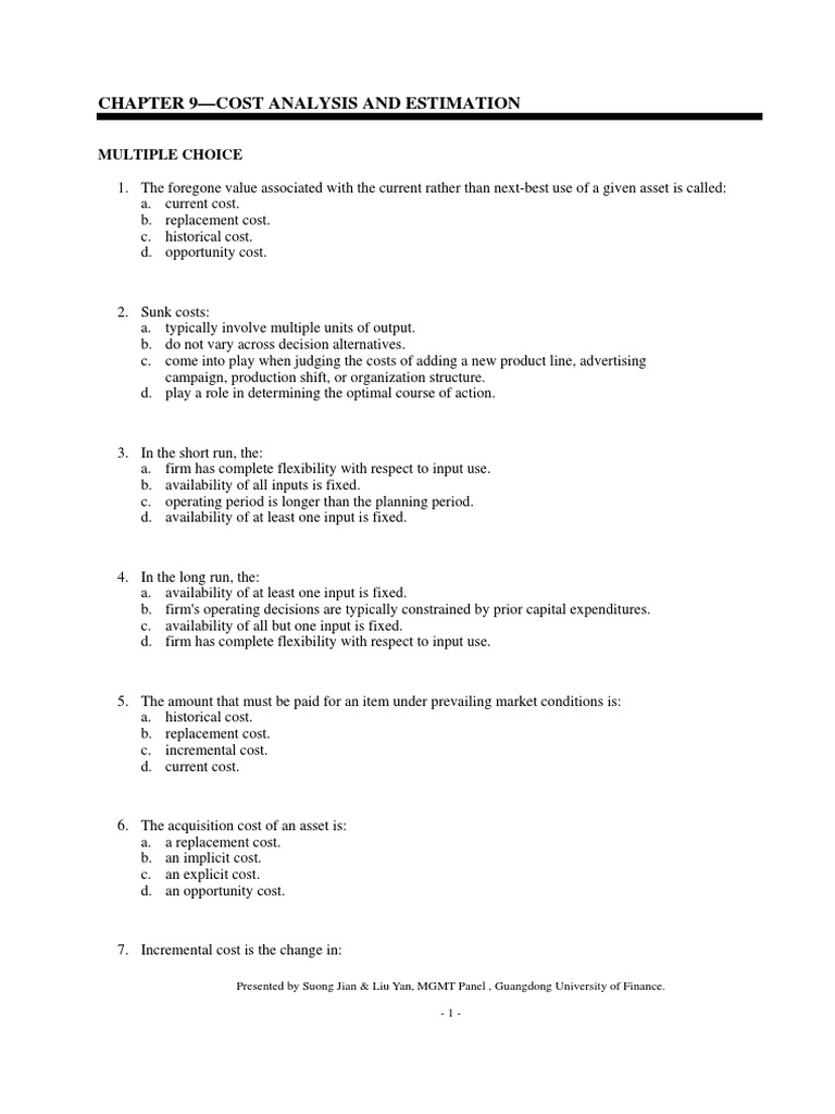 Cost Analysis and Estimation Quiz | PDF | Average Cost | Long Run And ...