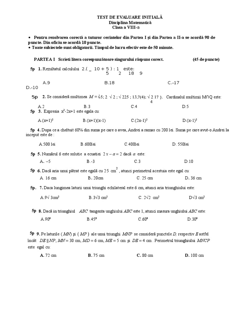 Test Initial Matematica Clasa 8 Test initial clasa 8