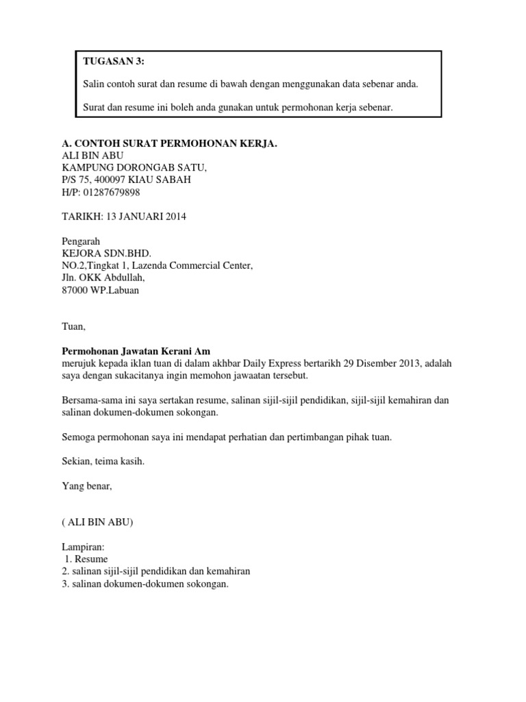 Contoh Surat Permohonan Kerja