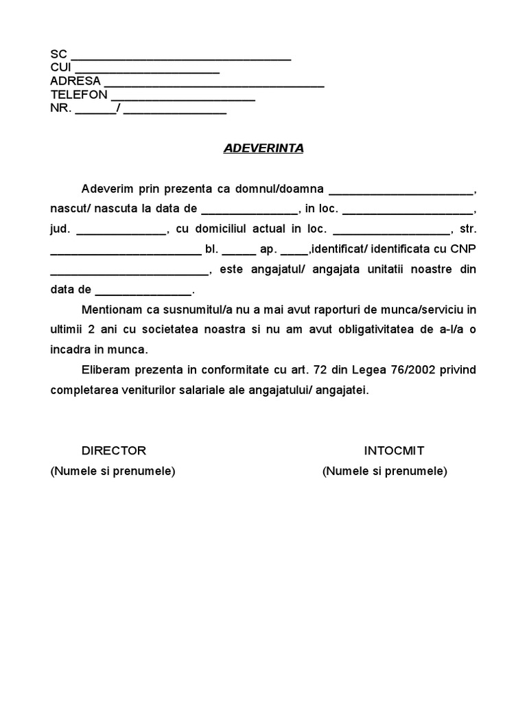 Adeverinta Somaj Pentru Cei 30% Din Indemnizatie | PDF