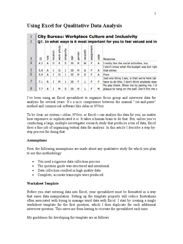 Using Excel For Qualitative Data Analysis - Coding | PDF | Qualitative ...