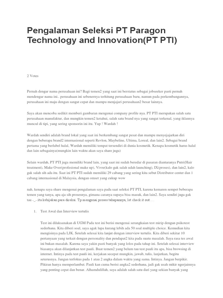 Pengalaman Seleksi Pt Paragon Technology And Innovation