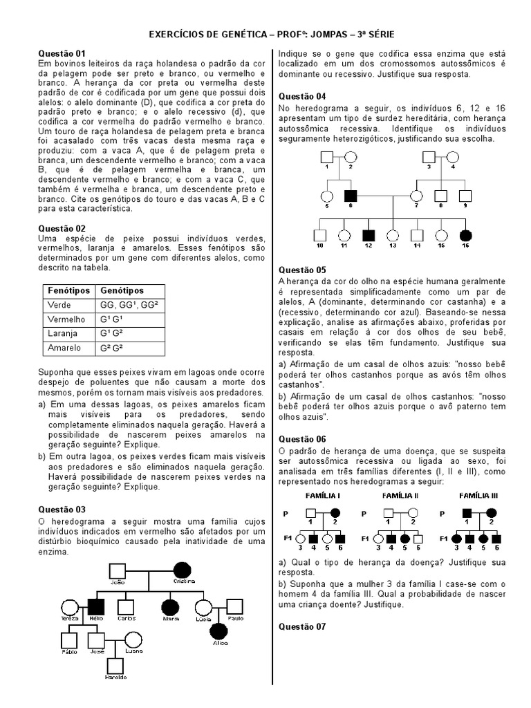Exercicios Genetica 3 Ano | Dominância (Genética) | Alelo