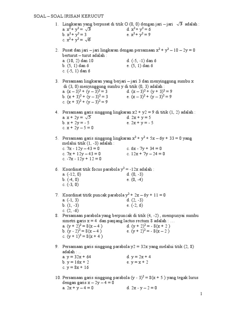 Soal Soal Irisan Kerucut