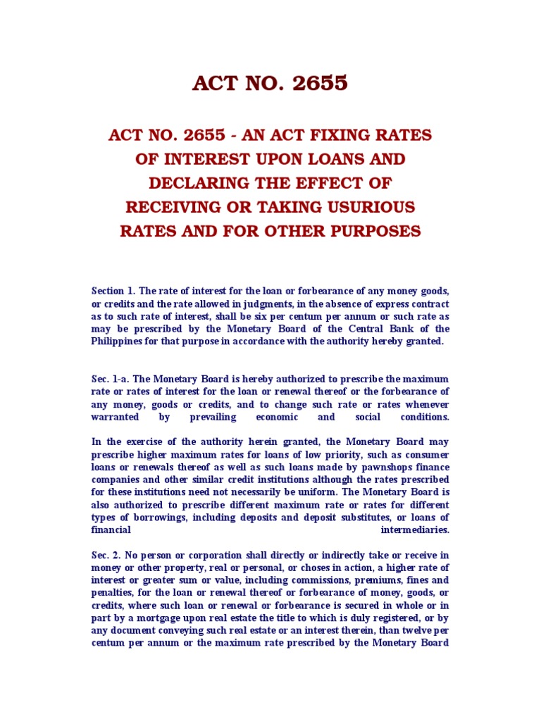 Act No. 2655 Usury Law Usury Loans