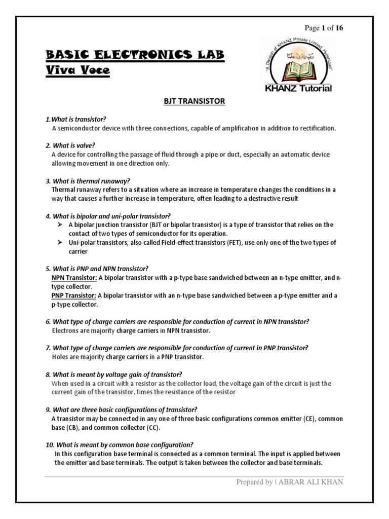 Basic Electronics Lab Viva Voce PDF Bipolar Junction Transistor