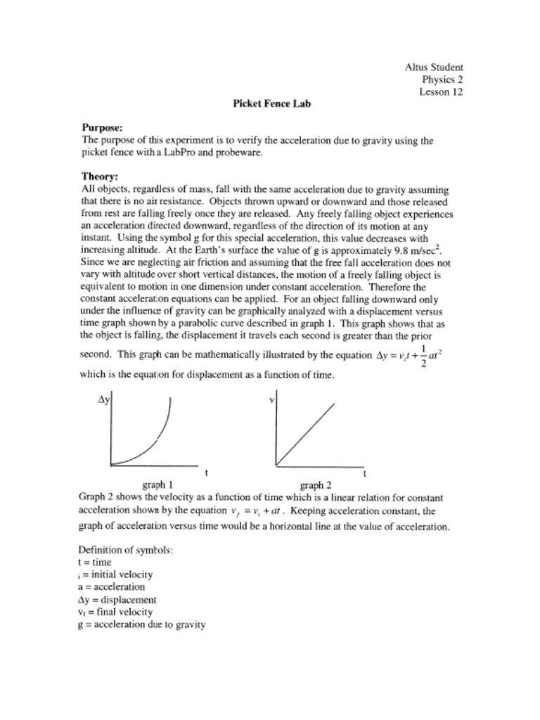 Picket Fence Lab Acceleration Velocity