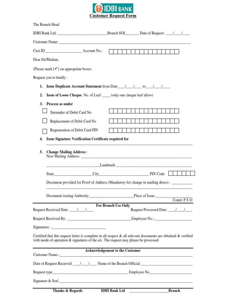 IDBI BANK Customer Request Form Cheque Personal Identification Number