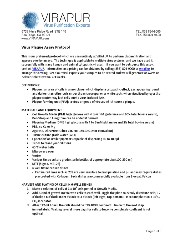 Virus Plaque Assay Protocol | PDF | Virus | Biology