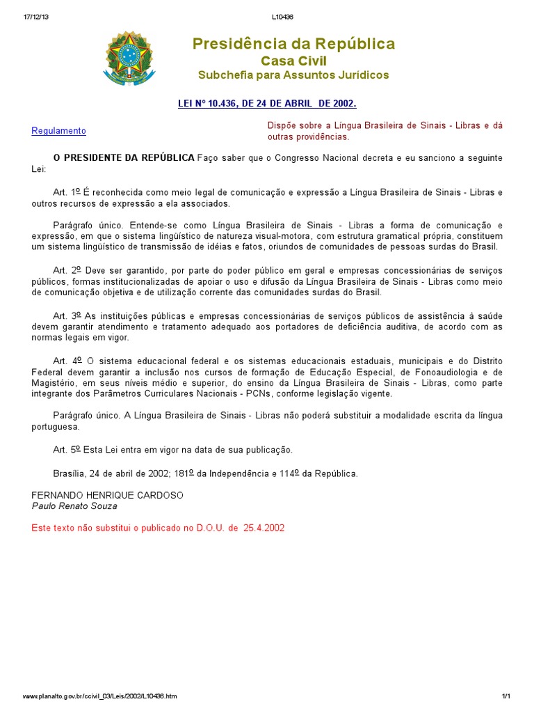Lei 10436 de 24 de Abril de 2002 - LIBRAS