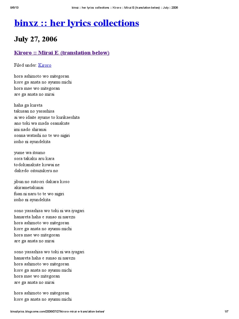 Kiroro Mirai E Translation Below Pdf Singers Music Award Winners