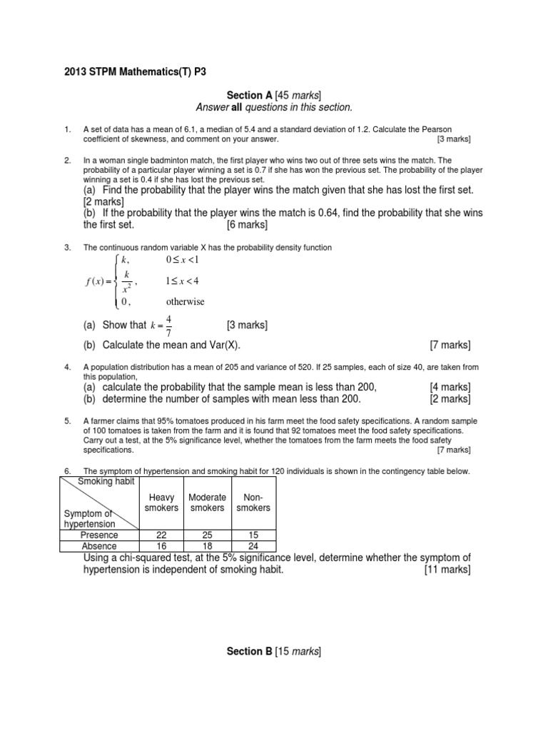 STPM Math Exam Analysis and Solutions | PDF | Mean | Variance